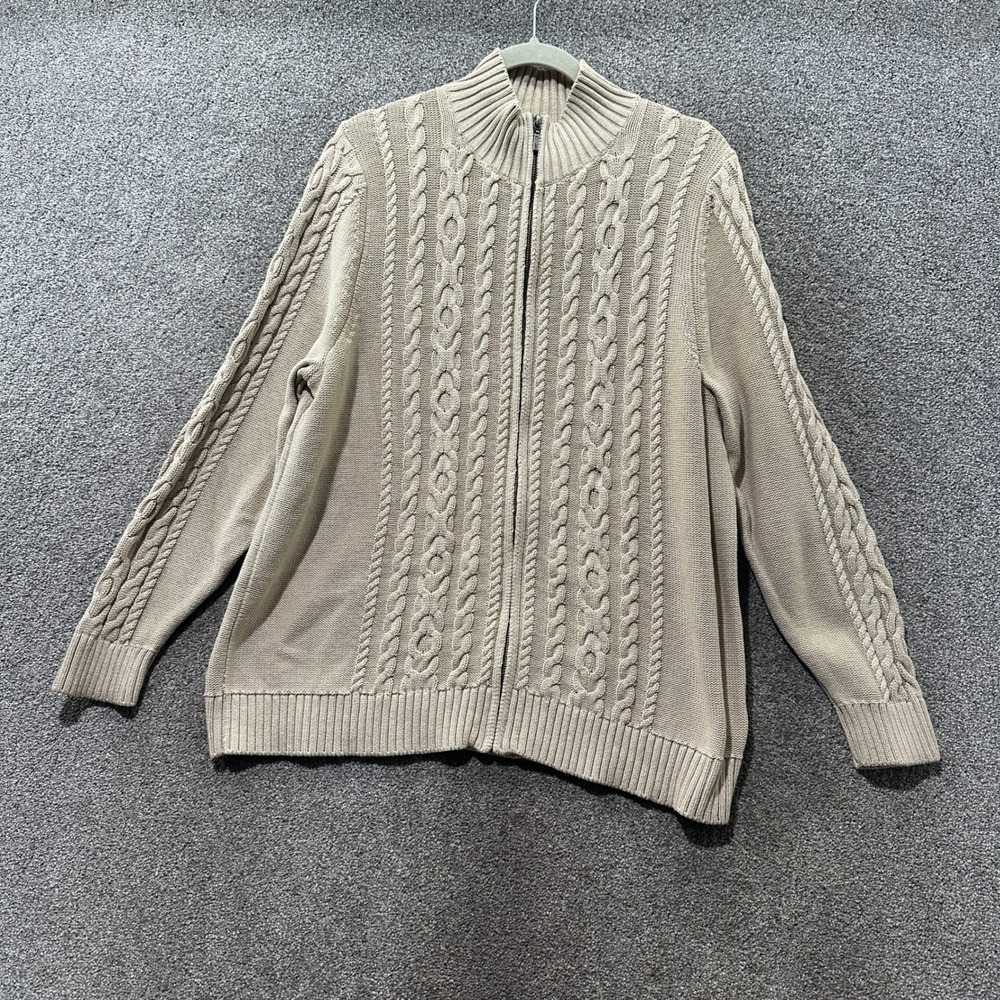 LL Bean Full Zip Cable Knit Sweater Womens XL Beige Cotton Mock Neck Cardigan